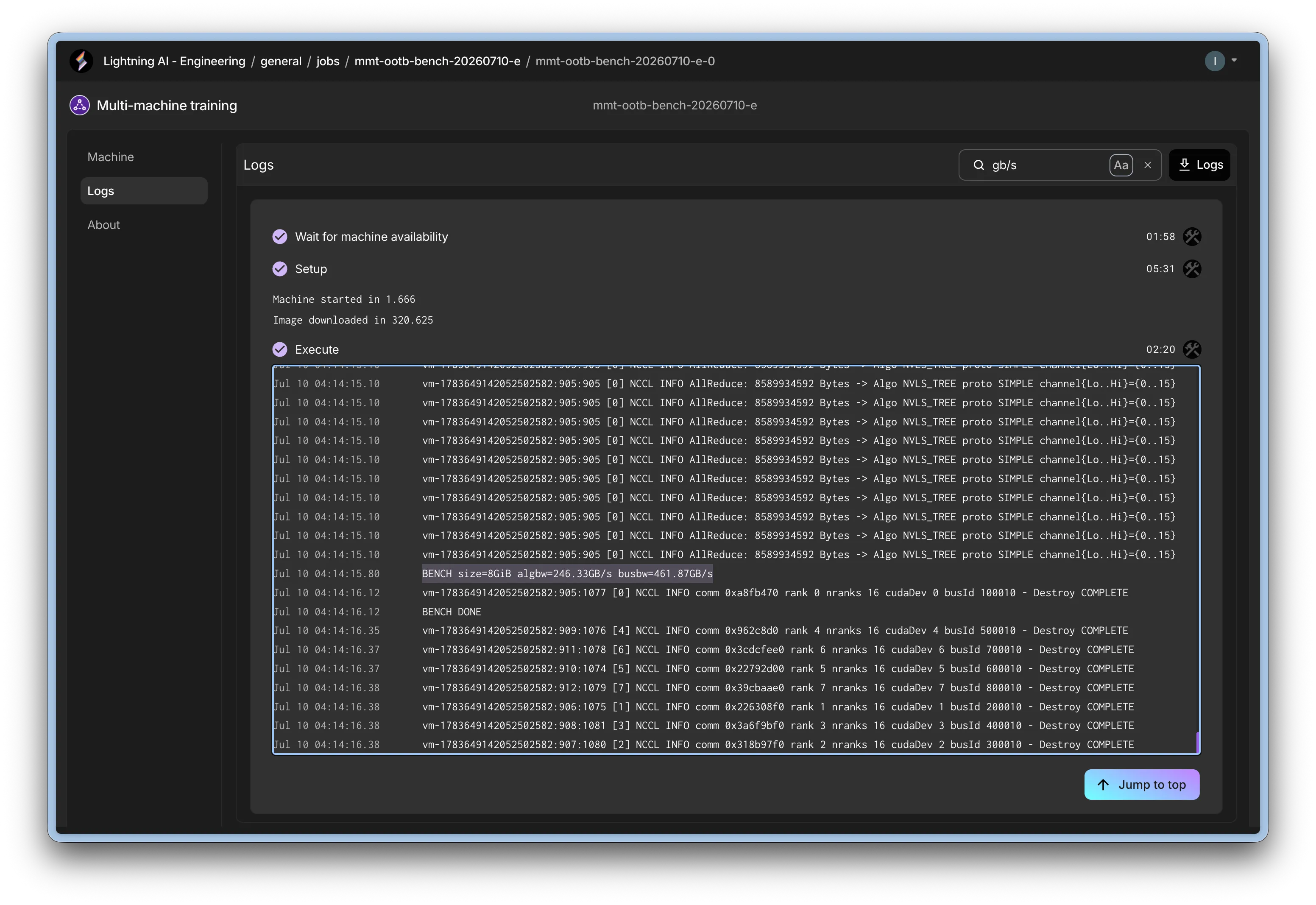 Baremetal NCCL speed within the multi node VMs.&nbsp;461.87 GB/s busbw (8 GiB all-reduce, 16 ranks across 2 nodes) out of the box on a stock NGC container