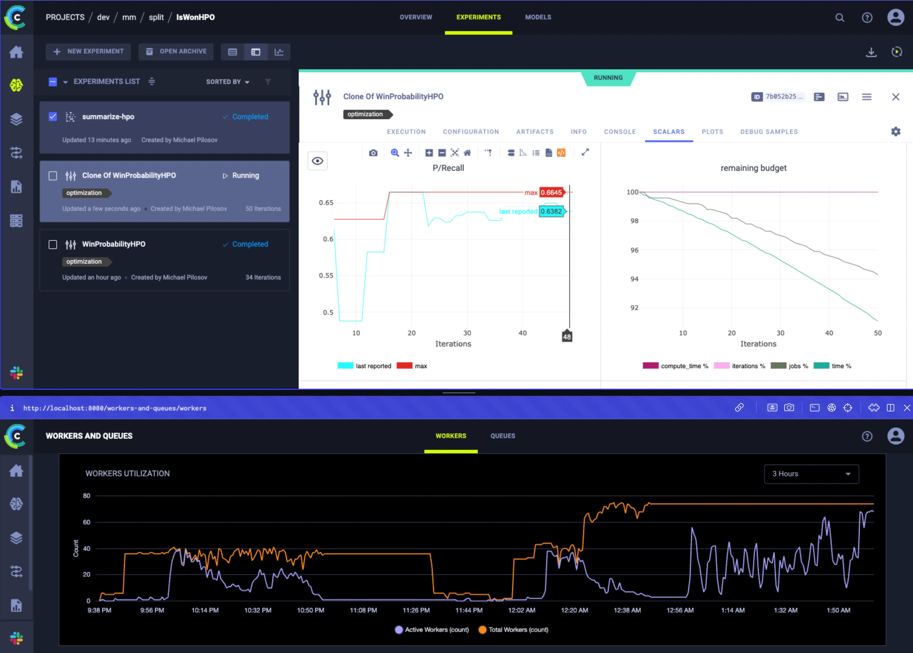 Overview of a hyperparameter optimization, scaling up to 90 workers