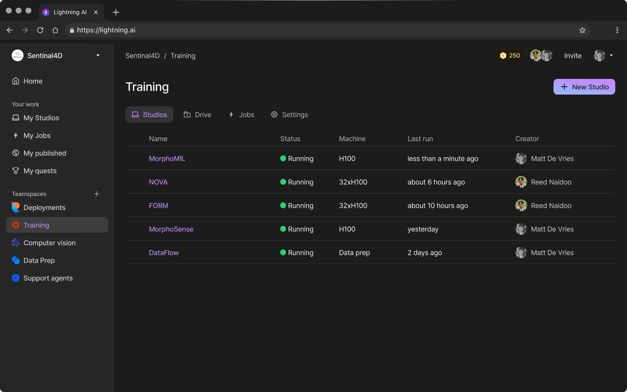 Sentinal4D's Teamspaces and Studios on Lightning AI
