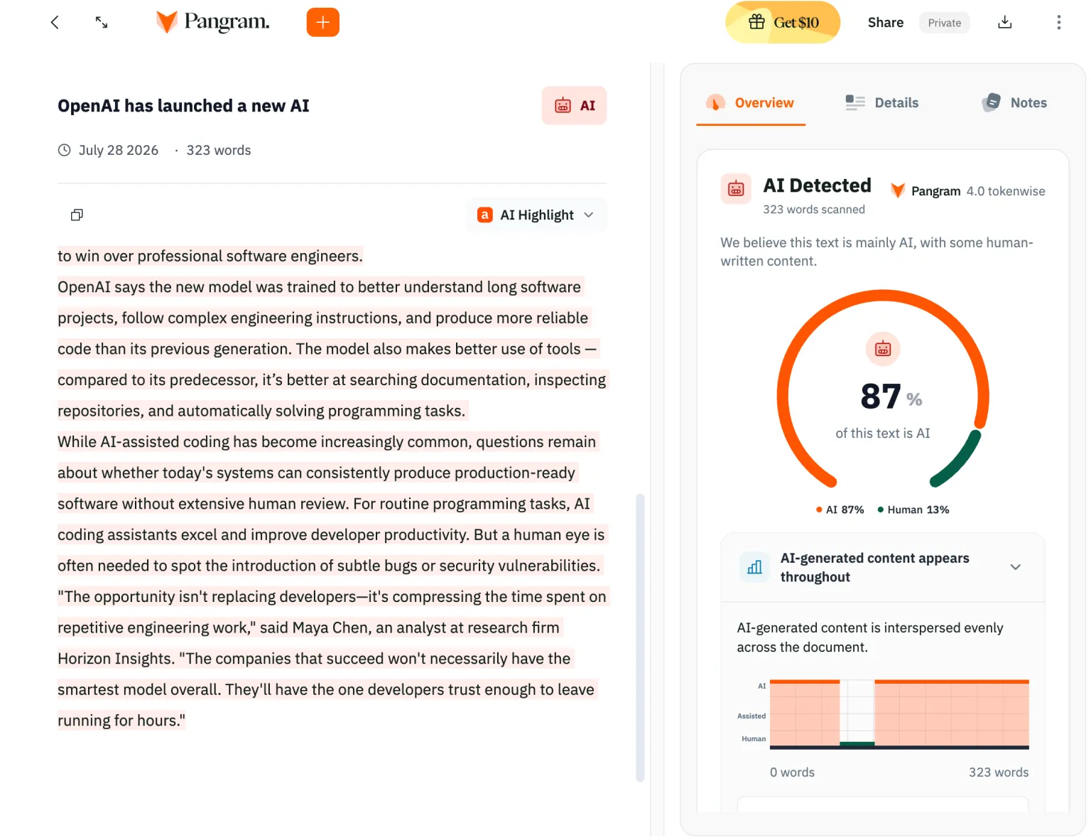 Pangram's AI detector.&nbsp;Image Credits:Pangram/TechCrunch