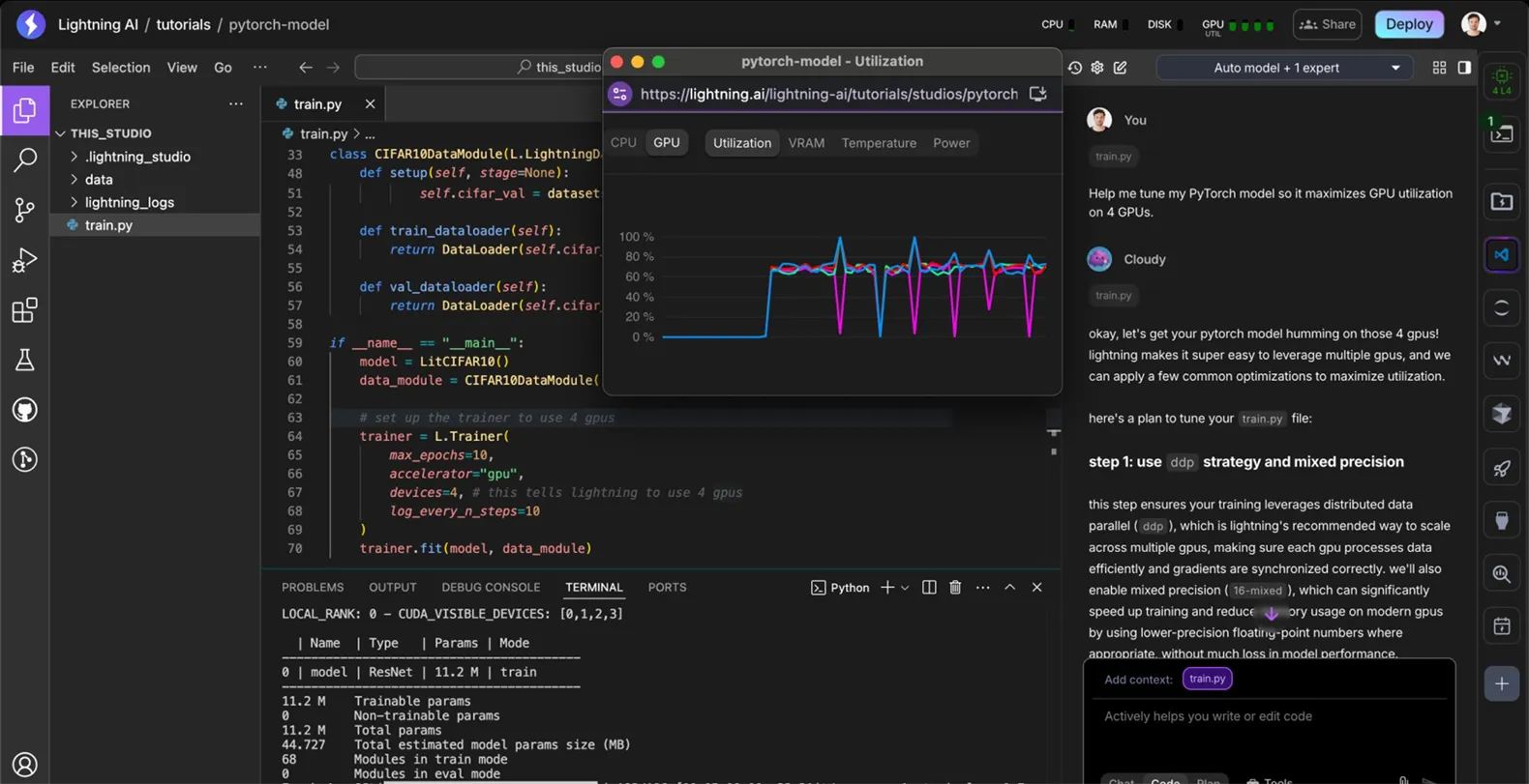 A Lightning Studio with train.py open, a GPU utilization chart and an AI assistant tuning the model