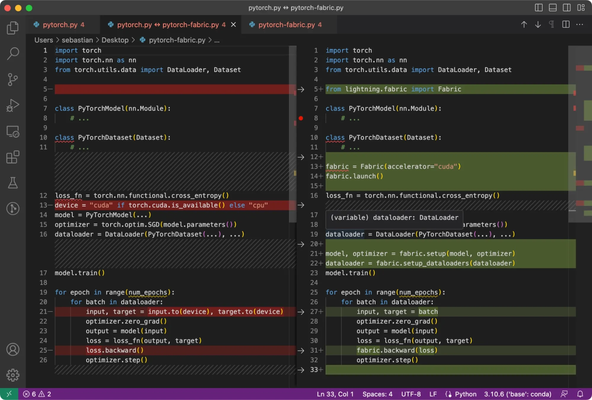 It requires only a handful of changes to utilize the open-source Fabric library for PyTorch model training.
